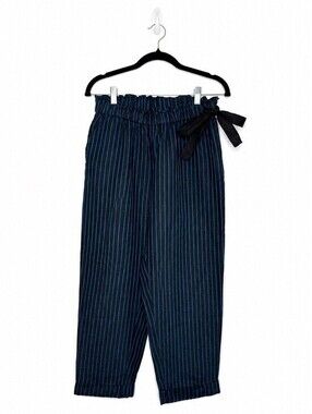 WRAP London Linen Blend Paperbag Waist Blue Pinstripe Cropped Pants US 8
